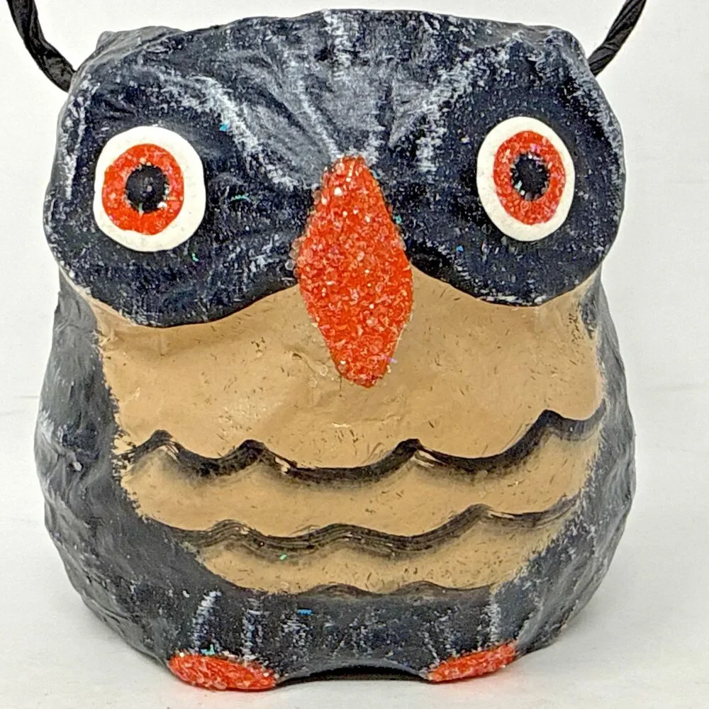Pottery Barn Kids Paper Mache Owl & Skull Mini Candy Holder Halloween 3x3 Retro